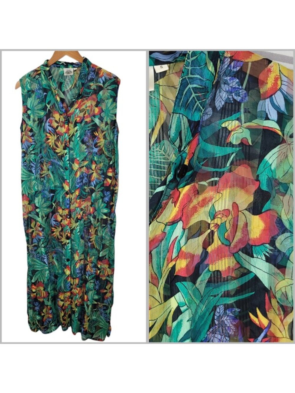 Vintage Dress Size Small Party floral Swim cover up Sheer Hawaiian Tropical Luau
